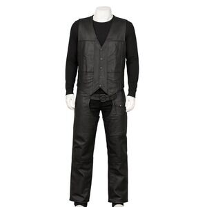 HWK Mens Black Real Leather Biker Vest Chaps Set Motorcycle Riding Gear M 32